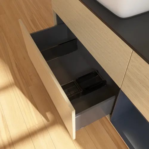 VILLEROY BOCH Finion Waschbeckenunterschrank, mit Beleuchtung, 3 Auszüge, 1200 x 603 x 501 mm, Oak Veneer / Midnight Blue Matt Lacquer / Glass Black Matt #F812HGPC, Bild 7
