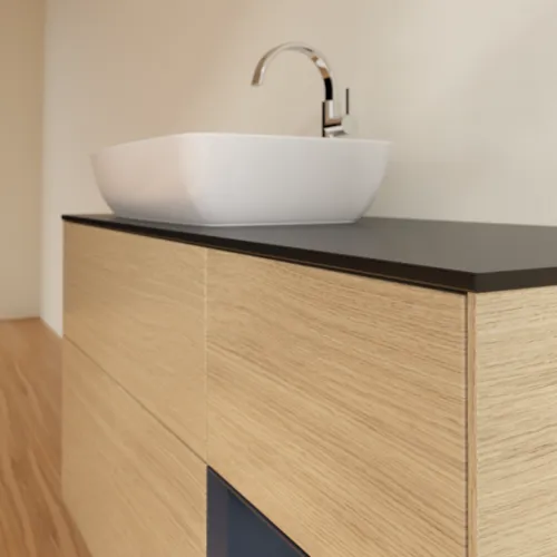 VILLEROY BOCH Finion Waschbeckenunterschrank, mit Beleuchtung, 3 Auszüge, 1200 x 603 x 501 mm, Oak Veneer / Midnight Blue Matt Lacquer / Glass Black Matt #F812HGPC, Bild 6