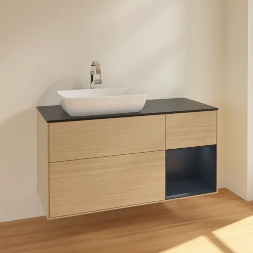VILLEROY BOCH Finion Waschbeckenunterschrank, mit Beleuchtung, 3 Auszüge, 1200 x 603 x 501 mm, Oak Veneer / Midnight Blue Matt Lacquer / Glass Black Matt #F812HGPC, Bild 2