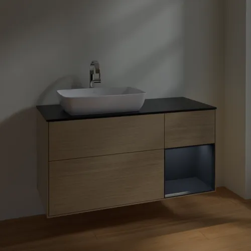 VILLEROY BOCH Finion Waschbeckenunterschrank, mit Beleuchtung, 3 Auszüge, 1200 x 603 x 501 mm, Oak Veneer / Midnight Blue Matt Lacquer / Glass Black Matt #F812HGPC, Bild 5
