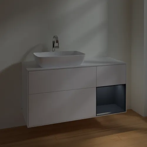 Bild von VILLEROY BOCH Finion Waschbeckenunterschrank, mit Beleuchtung, 3 Auszüge, 1200 x 603 x 501 mm, White Matt Lacquer / Midnight Blue Matt Lacquer / Glass White Matt #F811HGMT