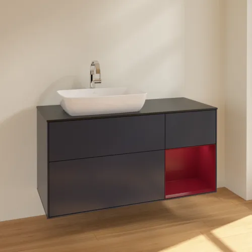Bild von VILLEROY BOCH Finion Waschbeckenunterschrank, mit Beleuchtung, 3 Auszüge, 1200 x 603 x 501 mm, Midnight Blue Matt Lacquer / Peony Matt Lacquer / Glass Black Matt #F812HBHG