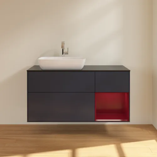 Bild von VILLEROY BOCH Finion Waschbeckenunterschrank, mit Beleuchtung, 3 Auszüge, 1200 x 603 x 501 mm, Midnight Blue Matt Lacquer / Peony Matt Lacquer / Glass Black Matt #F812HBHG