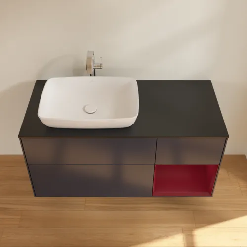 Bild von VILLEROY BOCH Finion Waschbeckenunterschrank, mit Beleuchtung, 3 Auszüge, 1200 x 603 x 501 mm, Midnight Blue Matt Lacquer / Peony Matt Lacquer / Glass Black Matt #F812HBHG