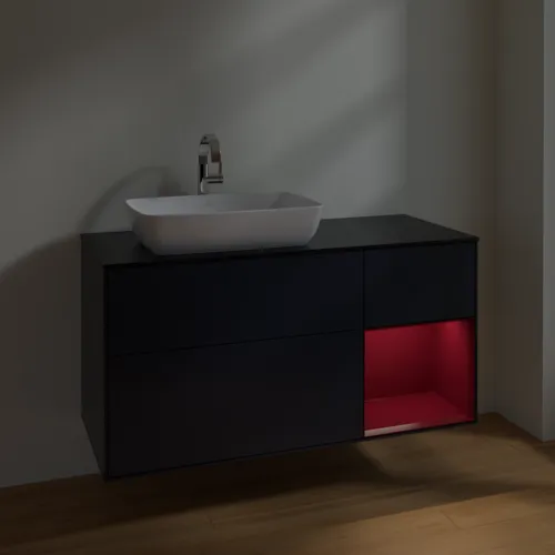Bild von VILLEROY BOCH Finion Waschbeckenunterschrank, mit Beleuchtung, 3 Auszüge, 1200 x 603 x 501 mm, Midnight Blue Matt Lacquer / Peony Matt Lacquer / Glass Black Matt #F812HBHG