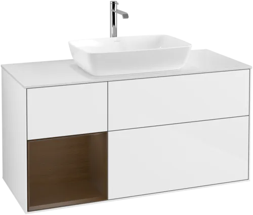 VILLEROY BOCH Finion Vanity unit, with lighting, 3 pull-out compartments, 1200 x 603 x 501 mm, Glossy White Lacquer / Walnut Veneer / Glass White Matt #F821GNGF resmi