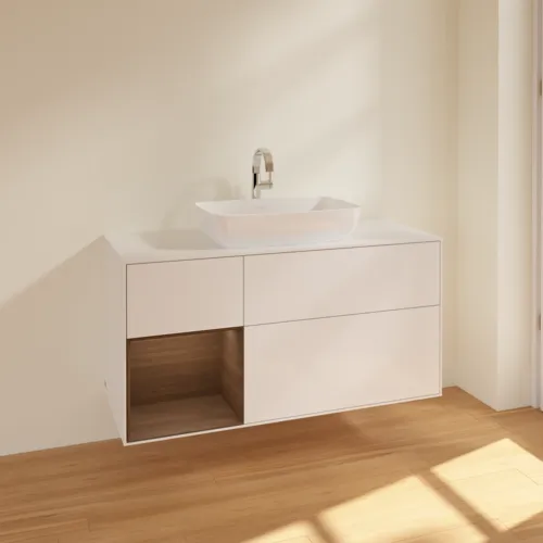 VILLEROY BOCH Finion Waschbeckenunterschrank, mit Beleuchtung, 3 Auszüge, 1200 x 603 x 501 mm, Glossy White Lacquer / Walnut Veneer / Glass White Matt #F821GNGF, Bild 2