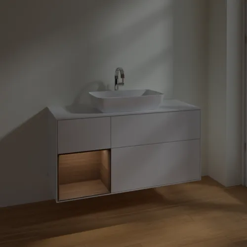 VILLEROY BOCH Finion Waschbeckenunterschrank, mit Beleuchtung, 3 Auszüge, 1200 x 603 x 501 mm, Glossy White Lacquer / Walnut Veneer / Glass White Matt #F821GNGF, Bild 5