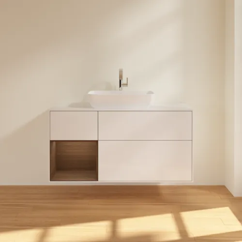 VILLEROY BOCH Finion Waschbeckenunterschrank, mit Beleuchtung, 3 Auszüge, 1200 x 603 x 501 mm, Glossy White Lacquer / Walnut Veneer / Glass White Matt #F821GNGF, Bild 3