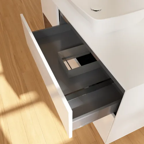 VILLEROY BOCH Finion Waschbeckenunterschrank, mit Beleuchtung, 3 Auszüge, 1200 x 603 x 501 mm, Glossy White Lacquer / Walnut Veneer / Glass White Matt #F821GNGF, Bild 8