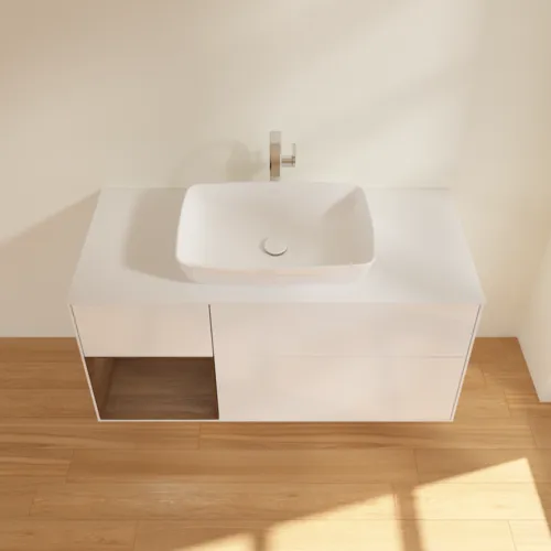 VILLEROY BOCH Finion Waschbeckenunterschrank, mit Beleuchtung, 3 Auszüge, 1200 x 603 x 501 mm, Glossy White Lacquer / Walnut Veneer / Glass White Matt #F821GNGF, Bild 4