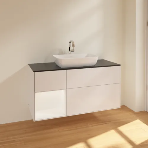 Bild von VILLEROY BOCH Finion Waschbeckenunterschrank, mit Beleuchtung, 3 Auszüge, 1200 x 603 x 501 mm, Glossy White Lacquer / White Matt Lacquer / Glass Black Matt #F822MTGF