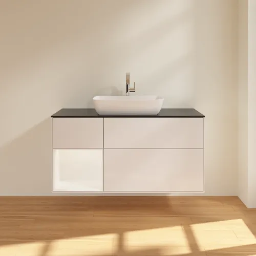Bild von VILLEROY BOCH Finion Waschbeckenunterschrank, mit Beleuchtung, 3 Auszüge, 1200 x 603 x 501 mm, Glossy White Lacquer / White Matt Lacquer / Glass Black Matt #F822MTGF