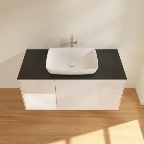 Bild von VILLEROY BOCH Finion Waschbeckenunterschrank, mit Beleuchtung, 3 Auszüge, 1200 x 603 x 501 mm, Glossy White Lacquer / White Matt Lacquer / Glass Black Matt #F822MTGF