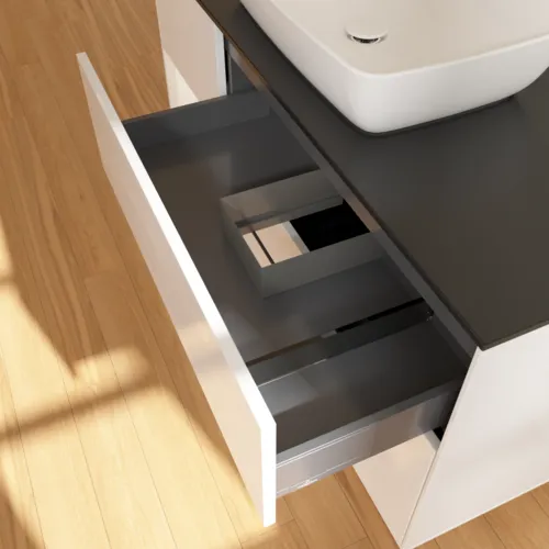 Bild von VILLEROY BOCH Finion Waschbeckenunterschrank, mit Beleuchtung, 3 Auszüge, 1200 x 603 x 501 mm, Glossy White Lacquer / White Matt Lacquer / Glass Black Matt #F822MTGF