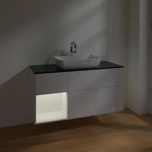 Bild von VILLEROY BOCH Finion Waschbeckenunterschrank, mit Beleuchtung, 3 Auszüge, 1200 x 603 x 501 mm, Glossy White Lacquer / White Matt Lacquer / Glass Black Matt #F822MTGF