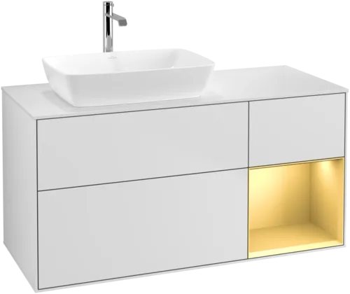 VILLEROY BOCH Finion Vanity unit, with lighting, 3 pull-out compartments, 1200 x 603 x 501 mm, White Matt Lacquer / Gold Matt Lacquer / Glass White Matt #F811HFMT resmi