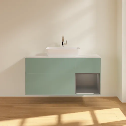 Bild von VILLEROY BOCH Finion Waschbeckenunterschrank, mit Beleuchtung, 3 Auszüge, 1200 x 603 x 501 mm, Olive Matt Lacquer / Anthracite Matt Lacquer / Glass White Matt #F831GKGM