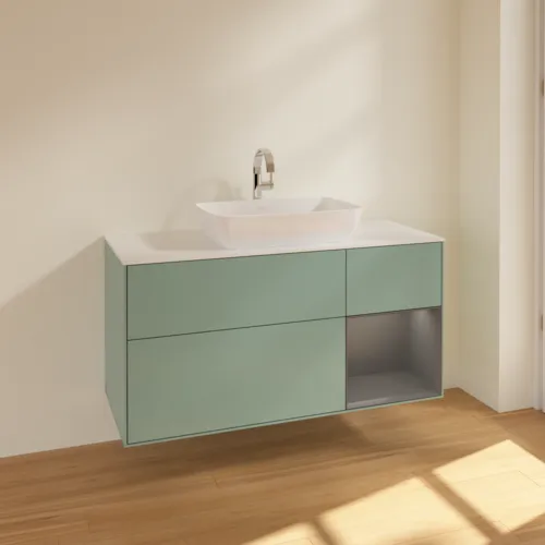 Bild von VILLEROY BOCH Finion Waschbeckenunterschrank, mit Beleuchtung, 3 Auszüge, 1200 x 603 x 501 mm, Olive Matt Lacquer / Anthracite Matt Lacquer / Glass White Matt #F831GKGM