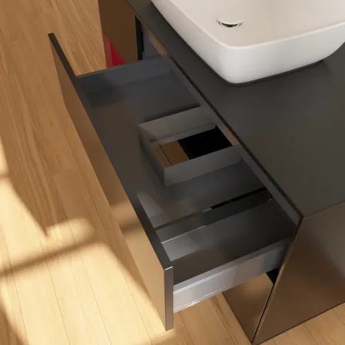 Bild von VILLEROY BOCH Finion Waschbeckenunterschrank, mit Beleuchtung, 3 Auszüge, 1200 x 603 x 501 mm, Black Matt Lacquer / Peony Matt Lacquer / Glass Black Matt #F822HBPD