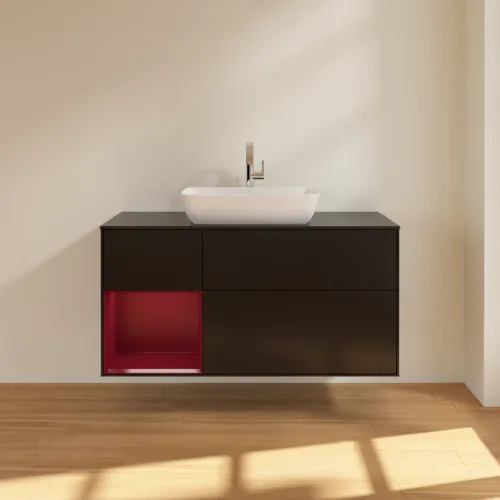 Bild von VILLEROY BOCH Finion Waschbeckenunterschrank, mit Beleuchtung, 3 Auszüge, 1200 x 603 x 501 mm, Black Matt Lacquer / Peony Matt Lacquer / Glass Black Matt #F822HBPD
