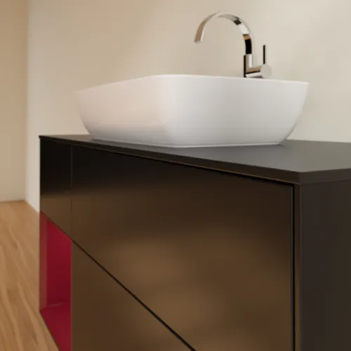 Bild von VILLEROY BOCH Finion Waschbeckenunterschrank, mit Beleuchtung, 3 Auszüge, 1200 x 603 x 501 mm, Black Matt Lacquer / Peony Matt Lacquer / Glass Black Matt #F822HBPD