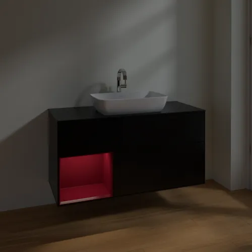 Bild von VILLEROY BOCH Finion Waschbeckenunterschrank, mit Beleuchtung, 3 Auszüge, 1200 x 603 x 501 mm, Black Matt Lacquer / Peony Matt Lacquer / Glass Black Matt #F822HBPD