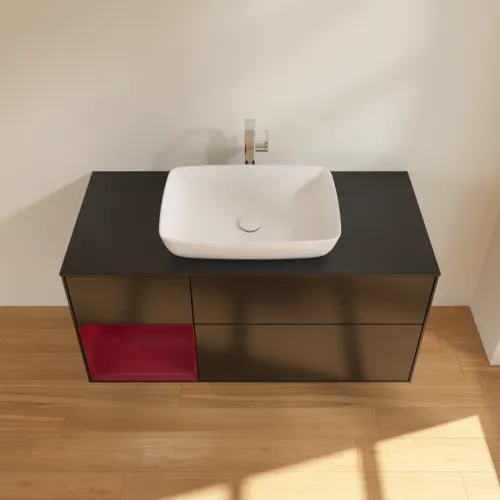 Bild von VILLEROY BOCH Finion Waschbeckenunterschrank, mit Beleuchtung, 3 Auszüge, 1200 x 603 x 501 mm, Black Matt Lacquer / Peony Matt Lacquer / Glass Black Matt #F822HBPD