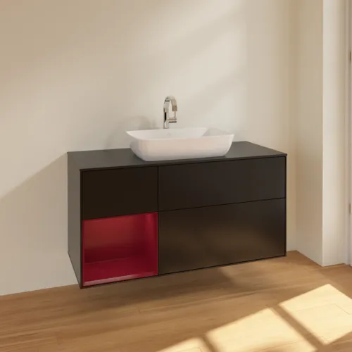 Bild von VILLEROY BOCH Finion Waschbeckenunterschrank, mit Beleuchtung, 3 Auszüge, 1200 x 603 x 501 mm, Black Matt Lacquer / Peony Matt Lacquer / Glass Black Matt #F822HBPD