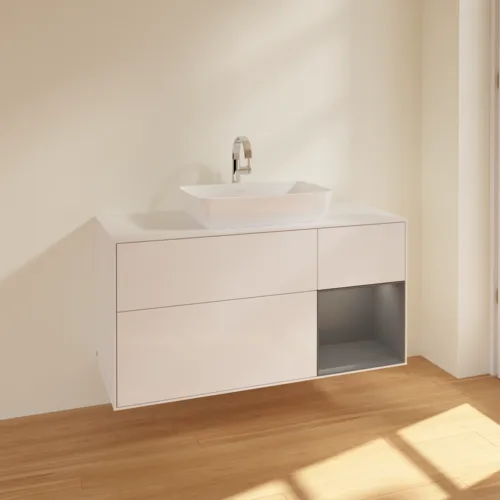 VILLEROY BOCH Finion Waschbeckenunterschrank, mit Beleuchtung, 3 Auszüge, 1200 x 603 x 501 mm, Glossy White Lacquer / Anthracite Matt Lacquer / Glass White Matt #F831GKGF, Bild 2