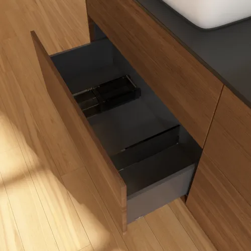 VILLEROY BOCH Finion Waschbeckenunterschrank, 4 Auszüge, 1600 x 603 x 501 mm, Walnut Veneer / Glass Black Matt #F84200GN, Bild 6