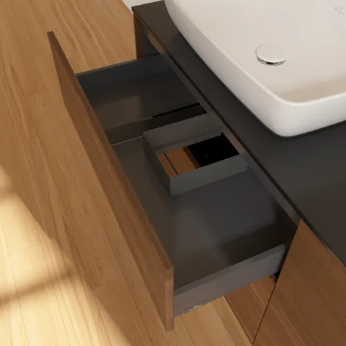 VILLEROY BOCH Finion Waschbeckenunterschrank, 4 Auszüge, 1600 x 603 x 501 mm, Walnut Veneer / Glass Black Matt #F84200GN, Bild 7