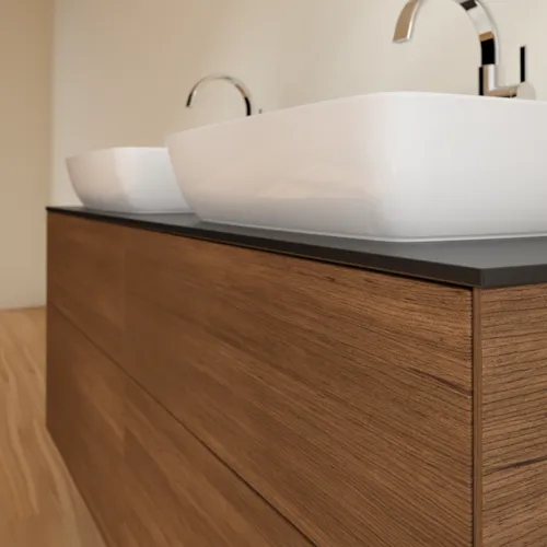 VILLEROY BOCH Finion Waschbeckenunterschrank, 4 Auszüge, 1600 x 603 x 501 mm, Walnut Veneer / Glass Black Matt #F84200GN, Bild 5