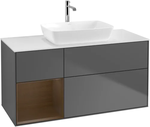 VILLEROY BOCH Finion Vanity unit, with lighting, 3 pull-out compartments, 1200 x 603 x 501 mm, Anthracite Matt Lacquer / Walnut Veneer / Glass White Matt #F821GNGK resmi