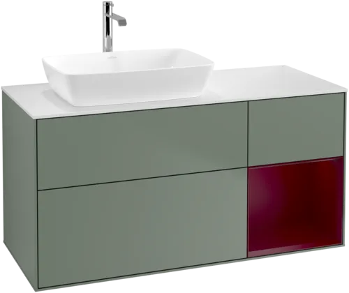 VILLEROY BOCH Finion Vanity unit, with lighting, 3 pull-out compartments, 1200 x 603 x 501 mm, Olive Matt Lacquer / Peony Matt Lacquer / Glass White Matt #F811HBGM resmi