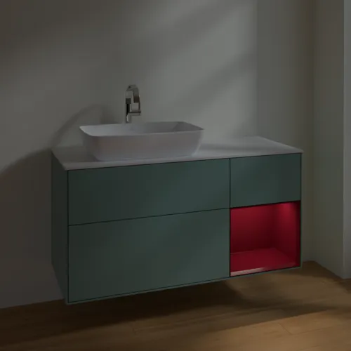 VILLEROY BOCH Finion Waschbeckenunterschrank, mit Beleuchtung, 3 Auszüge, 1200 x 603 x 501 mm, Olive Matt Lacquer / Peony Matt Lacquer / Glass White Matt #F811HBGM, Bild 5