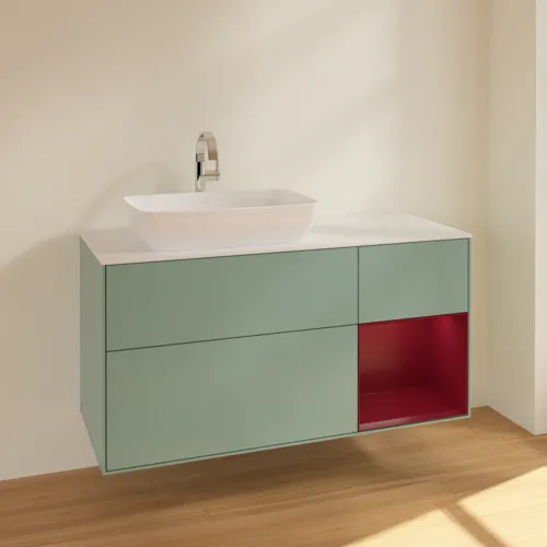 VILLEROY BOCH Finion Waschbeckenunterschrank, mit Beleuchtung, 3 Auszüge, 1200 x 603 x 501 mm, Olive Matt Lacquer / Peony Matt Lacquer / Glass White Matt #F811HBGM, Bild 2