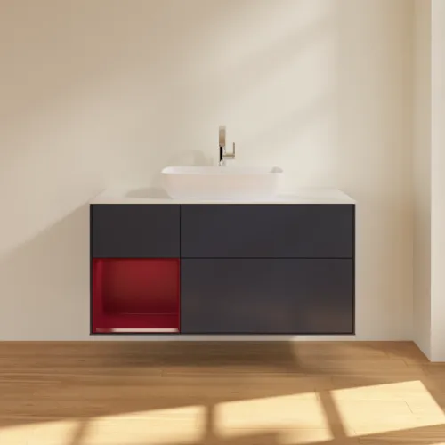 Bild von VILLEROY BOCH Finion Waschbeckenunterschrank, mit Beleuchtung, 3 Auszüge, 1200 x 603 x 501 mm, Midnight Blue Matt Lacquer / Peony Matt Lacquer / Glass White Matt #F821HBHG