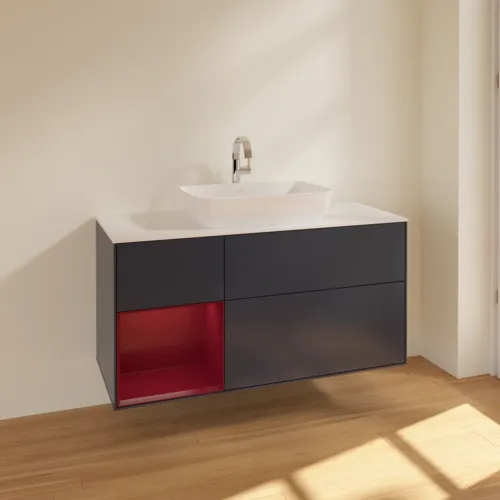 Bild von VILLEROY BOCH Finion Waschbeckenunterschrank, mit Beleuchtung, 3 Auszüge, 1200 x 603 x 501 mm, Midnight Blue Matt Lacquer / Peony Matt Lacquer / Glass White Matt #F821HBHG