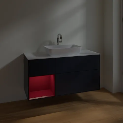 Bild von VILLEROY BOCH Finion Waschbeckenunterschrank, mit Beleuchtung, 3 Auszüge, 1200 x 603 x 501 mm, Midnight Blue Matt Lacquer / Peony Matt Lacquer / Glass White Matt #F821HBHG