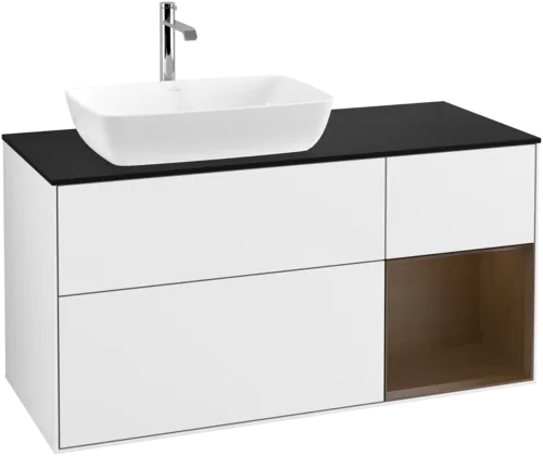 VILLEROY BOCH Finion Vanity unit, with lighting, 3 pull-out compartments, 1200 x 603 x 501 mm, Glossy White Lacquer / Walnut Veneer / Glass Black Matt #F812GNGF resmi