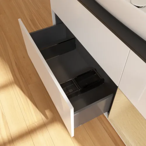 VILLEROY BOCH Finion Waschbeckenunterschrank, mit Beleuchtung, 3 Auszüge, 1200 x 603 x 501 mm, Glossy White Lacquer / Oak Veneer / Glass Black Matt #F832PCGF, Bild 7