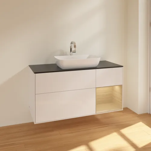 VILLEROY BOCH Finion Waschbeckenunterschrank, mit Beleuchtung, 3 Auszüge, 1200 x 603 x 501 mm, Glossy White Lacquer / Oak Veneer / Glass Black Matt #F832PCGF, Bild 2