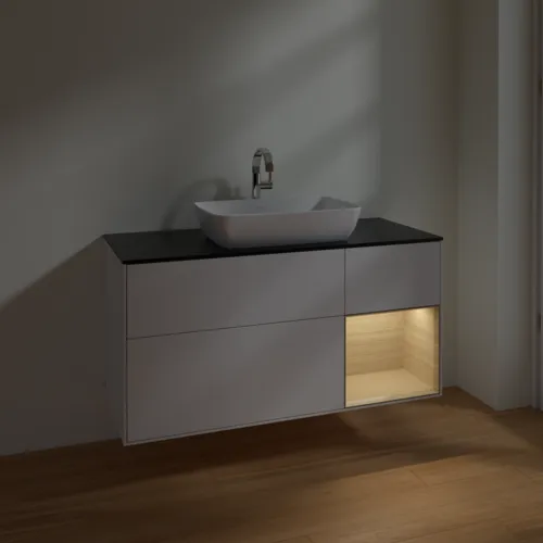 VILLEROY BOCH Finion Waschbeckenunterschrank, mit Beleuchtung, 3 Auszüge, 1200 x 603 x 501 mm, Glossy White Lacquer / Oak Veneer / Glass Black Matt #F832PCGF, Bild 5
