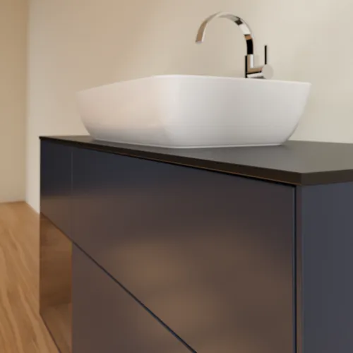 VILLEROY BOCH Finion Waschbeckenunterschrank, mit Beleuchtung, 3 Auszüge, 1200 x 603 x 501 mm, Midnight Blue Matt Lacquer / Walnut Veneer / Glass Black Matt #F822GNHG, Bild 6