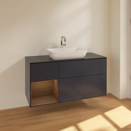VILLEROY BOCH Finion Waschbeckenunterschrank, mit Beleuchtung, 3 Auszüge, 1200 x 603 x 501 mm, Midnight Blue Matt Lacquer / Walnut Veneer / Glass Black Matt #F822GNHG, Bild 2