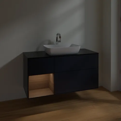 VILLEROY BOCH Finion Waschbeckenunterschrank, mit Beleuchtung, 3 Auszüge, 1200 x 603 x 501 mm, Midnight Blue Matt Lacquer / Walnut Veneer / Glass Black Matt #F822GNHG, Bild 5