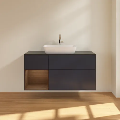 VILLEROY BOCH Finion Waschbeckenunterschrank, mit Beleuchtung, 3 Auszüge, 1200 x 603 x 501 mm, Midnight Blue Matt Lacquer / Walnut Veneer / Glass Black Matt #F822GNHG, Bild 3