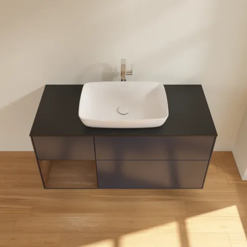 VILLEROY BOCH Finion Waschbeckenunterschrank, mit Beleuchtung, 3 Auszüge, 1200 x 603 x 501 mm, Midnight Blue Matt Lacquer / Walnut Veneer / Glass Black Matt #F822GNHG, Bild 4