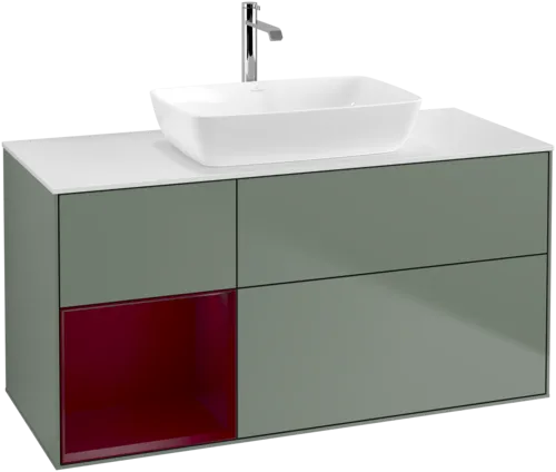 VILLEROY BOCH Finion Vanity unit, with lighting, 3 pull-out compartments, 1200 x 603 x 501 mm, Olive Matt Lacquer / Peony Matt Lacquer / Glass White Matt #F821HBGM resmi